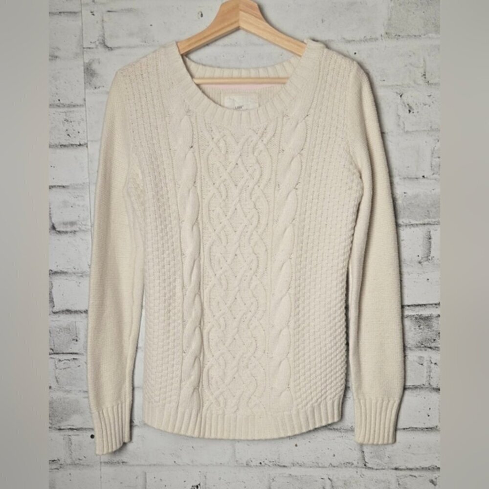H&M LOGG Cream Cable Knit Sweater Large Crewneck Button Shoulder Cozy